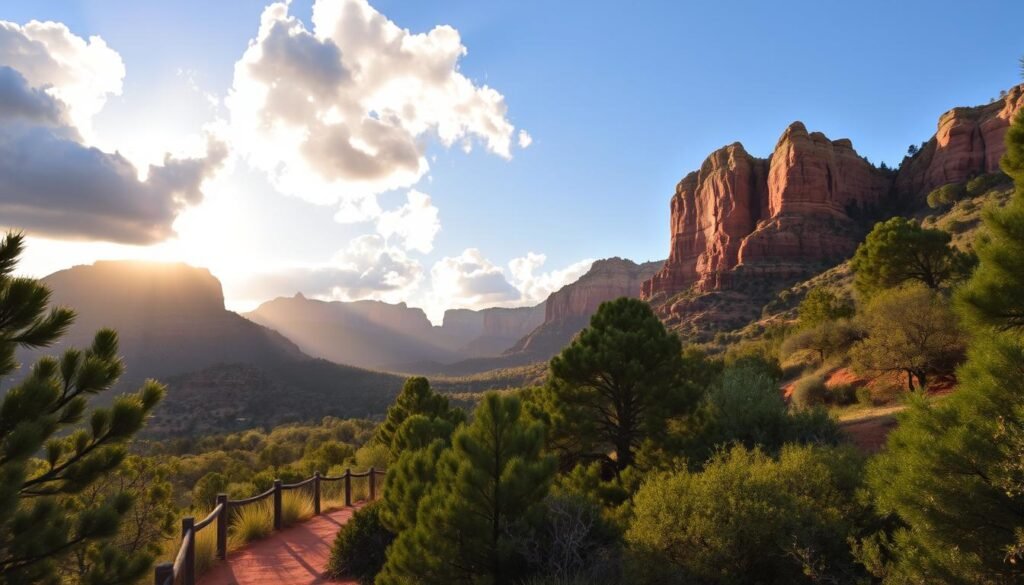 A scenic vista of Sedona's iconic red rock formations, bathed in warm, golden sunlight filtering through fluffy clouds. In the foreground, a winding hiking trail leads through lush, verdant foliage, inviting the viewer to explore. In the middle ground, majestic buttes and mesas rise up, their craggy surfaces cast in dramatic shadows. The background is dominated by a clear, azure sky, creating a sense of tranquility and expansiveness. The overall atmosphere is one of natural splendor and quiet contemplation, capturing the essence of Sedona's best outdoor attractions.