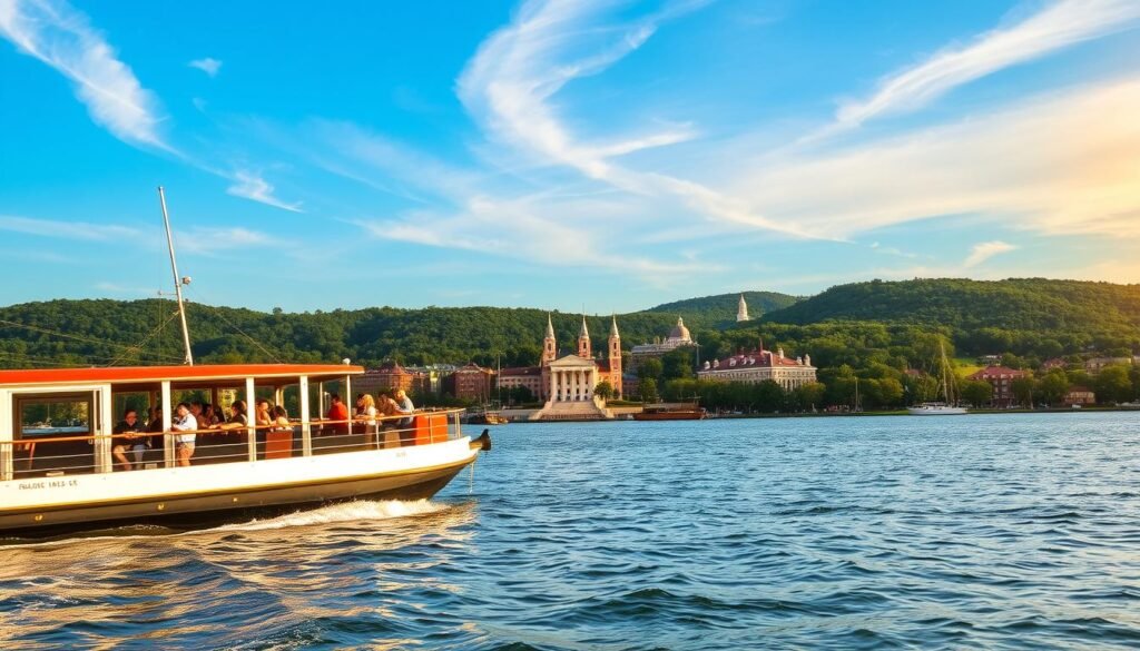 A scenic water tour on the Severn River, cruising past historic Annapolis harbor and the Chesapeake Bay. In the foreground, a classic Annapolis-style sightseeing boat glides smoothly across the calm, glistening waters. Passengers lean over the rails, gazing in awe at the picturesque Annapolis skyline in the middle ground, with the Maryland State House and other iconic landmarks. In the background, the rolling green hills and dense forests of the Severn River basin create a serene, natural backdrop. Warm afternoon sunlight filters through wispy clouds, casting a golden glow over the scene. The overall mood is one of tranquility, adventure, and appreciation for Annapolis' unique waterfront setting. A scenic water tour on the Severn River, cruising past historic Annapolis harbor and the Chesapeake Bay. In the foreground, a classic Annapolis-style sightseeing boat glides smoothly across the calm, glistening waters. Passengers lean over the rails, gazing in awe at the picturesque Annapolis skyline in the middle ground, with the Maryland State House and other iconic landmarks. In the background, the rolling green hills and dense forests of the Severn River basin create a serene, natural backdrop. Warm afternoon sunlight filters through wispy clouds, casting a golden glow over the scene. The overall mood is one of tranquility, adventure, and appreciation for Annapolis' unique waterfront setting.