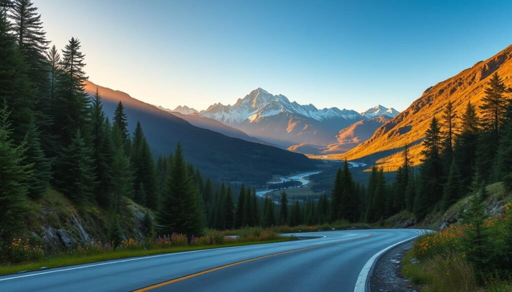 A scenic, winding mountain road cutting through lush, verdant forests, with towering peaks in the background bathed in warm, golden afternoon light. The foreground features a smooth, asphalt road cutting through the landscape, flanked by towering evergreen trees and vibrant wildflowers. The middle ground showcases rolling hills and valleys, with meandering rivers and streams reflecting the azure sky. In the distance, majestic snow-capped mountains rise majestically, creating a breathtaking vista. The scene evokes a sense of tranquility, adventure, and the beauty of the great outdoors.