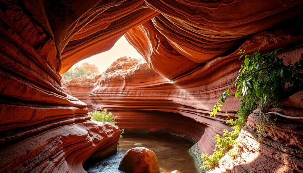 A secretive, sunlit cave hidden within the rugged Sedona landscape. Layers of weathered rock formations frame the entrance, casting dramatic shadows. Diffused light filters through the opening, illuminating the mysterious interior. Smooth, undulating cave walls glisten with mineral deposits. Trickling water echoes, creating a serene, contemplative atmosphere. Verdant foliage clings to the cliffside, adding a touch of lush greenery. Warm hues of ochre, sienna, and umber dominate the scene, capturing the essence of the Southwest. A sense of discovery and exploration pervades the image, inviting the viewer to step inside this enchanted, off-the-beaten-path sanctuary. A secretive, sunlit cave hidden within the rugged Sedona landscape. Layers of weathered rock formations frame the entrance, casting dramatic shadows. Diffused light filters through the opening, illuminating the mysterious interior. Smooth, undulating cave walls glisten with mineral deposits. Trickling water echoes, creating a serene, contemplative atmosphere. Verdant foliage clings to the cliffside, adding a touch of lush greenery. Warm hues of ochre, sienna, and umber dominate the scene, capturing the essence of the Southwest. A sense of discovery and exploration pervades the image, inviting the viewer to step inside this enchanted, off-the-beaten-path sanctuary.