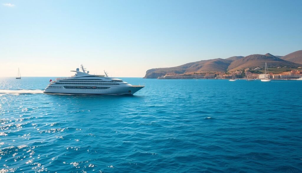 A serene Mediterranean seascape, with glistening azure waters gently lapping against a sun-drenched shoreline. The foreground features a sleek, elegant cruise ship gliding effortlessly across the waves, its white exterior catching the warm, golden light. Surrounding the ship, a scattering of smaller sailboats and yachts dot the horizon, their sails billowing in the soft breeze. In the background, a picturesque coastal town nestled among rolling hills comes into view, its whitewashed buildings and terracotta roofs contrasting beautifully against the deep blue sky. The entire scene is bathed in a soft, hazy glow, creating a sense of tranquility and timelessness, perfect for a relaxing May cruise along the Mediterranean's idyllic waters.