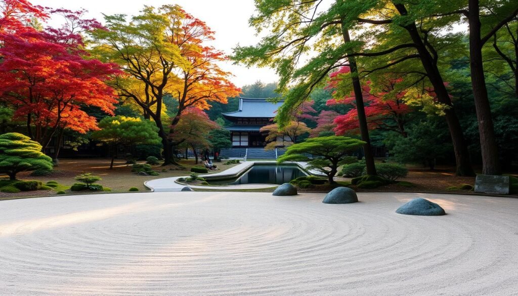 A serene Zen garden at Ginkaku-ji, the Silver Pavilion in Kyoto, Japan. In the foreground, a meticulously raked sand garden with gentle curves and patterns, surrounded by lush, moss-covered stones. In the middle ground, a winding path leads through a tranquil forest of towering Japanese maples, their vibrant foliage casting dappled shadows. In the background, the iconic Silver Pavilion stands tall, its elegant architecture reflected in a placid pond. The scene is bathed in the soft, warm glow of the afternoon sun, creating an atmosphere of profound serenity and timeless beauty.