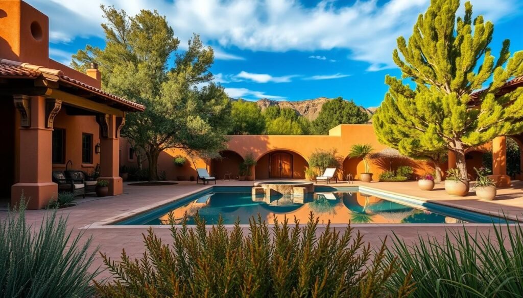 A serene adobe hacienda nestled in the shadow of the Sangre de Cristo mountains, its Pueblo-inspired architecture casting warm hues across a private courtyard. In the foreground, a luxurious casita with terracotta roof tiles and carved wooden accents invites guests to unwind. The mid-ground features a tranquil swimming pool, its surface reflecting the cloudless azure sky. In the background, the vibrant green of piñon and juniper trees frame the scene, creating an oasis of Southwestern charm. Soft, diffused natural lighting bathes the entire composition, evoking a sense of relaxation and timelessness. A serene adobe hacienda nestled in the shadow of the Sangre de Cristo mountains, its Pueblo-inspired architecture casting warm hues across a private courtyard. In the foreground, a luxurious casita with terracotta roof tiles and carved wooden accents invites guests to unwind. The mid-ground features a tranquil swimming pool, its surface reflecting the cloudless azure sky. In the background, the vibrant green of piñon and juniper trees frame the scene, creating an oasis of Southwestern charm. Soft, diffused natural lighting bathes the entire composition, evoking a sense of relaxation and timelessness.