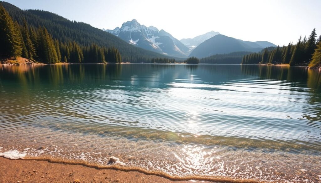 A serene alpine lake nestled amidst lush evergreen forests, the crystal-clear waters of Lake Wenatchee shimmer in the warm summer sun. Gently lapping waves caress the sandy shores, inviting visitors to dip their toes and bask in the tranquil ambiance. Majestic snow-capped peaks rise in the distance, their reflections mirrored on the lake's glassy surface, creating a picturesque scene of natural harmony. Warm, diffused lighting filters through the surrounding trees, casting a soft, golden glow over the entire landscape. This idyllic setting, captured through a wide-angle lens, conveys the peaceful charm and outdoor wonder of Lake Wenatchee State Park during the summer months.