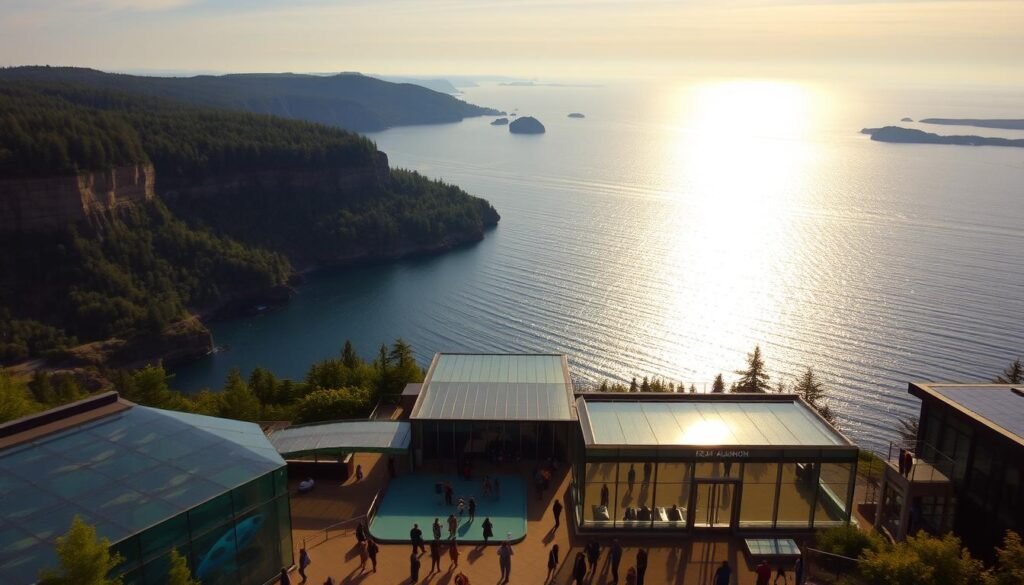 A serene and expansive view of Lake Superior, the largest of the Great Lakes, at the Great Lakes Aquarium in Duluth, Minnesota. The crystal-clear waters shimmer in the warm, golden sunlight, reflecting the towering cliffs and lush, verdant forests that line the shoreline. In the foreground, visitors explore the aquarium's outdoor exhibits, marveling at the diverse array of native fish and wildlife. The middle ground features the modern, glass-enclosed aquarium building, its sleek architecture blending seamlessly with the natural surroundings. The background showcases the stunning panorama of the lake, with distant islands and the horizon fading into a soft, hazy blue. An atmosphere of wonder, tranquility, and connection to the Great Lakes ecosystem permeates the scene.