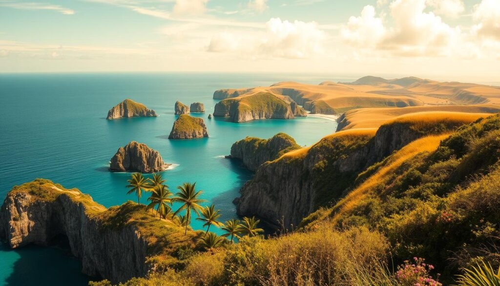 A serene archipelago of rugged, sun-drenched islands set against a vast, azure Pacific backdrop. In the foreground, craggy cliffs dotted with lush, verdant vegetation cascade into turquoise waters. Towering palm trees sway gently in the soft, ocean breeze. Further out, rolling hills covered in golden grasses and wildflowers create a tranquil, pastoral scene. The sky is painted in soft, wispy clouds illuminated by warm, golden sunlight, lending an ethereal, almost dreamlike quality to the entire landscape. A wide-angle lens captures the breathtaking scale and natural beauty of this idyllic, off-shore escape.