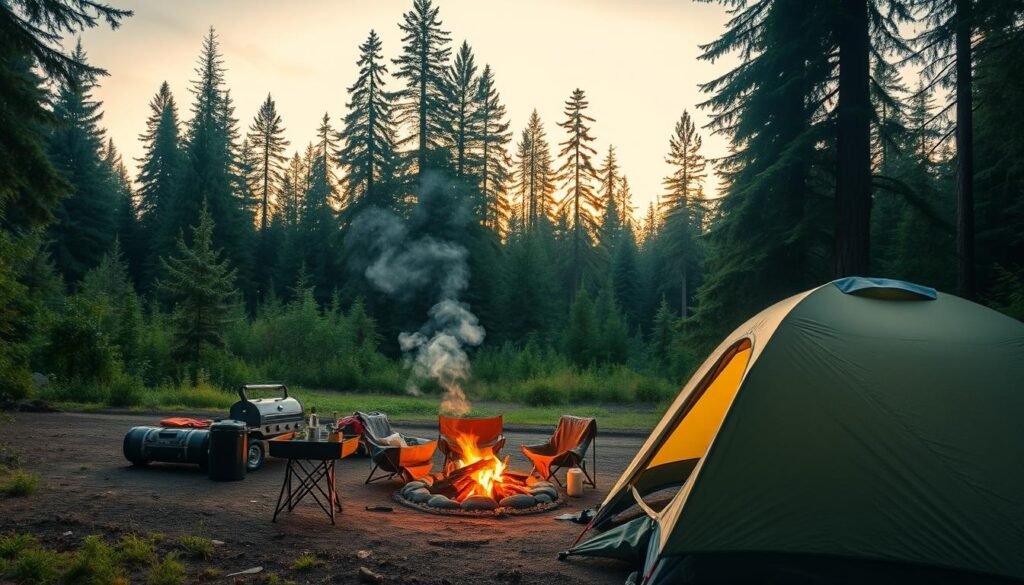 A serene campsite nestled amidst the lush forestry of the Pacific Northwest. In the foreground, a cozy tent with a warm glow emanating from within, surrounded by a neatly organized array of camping gear. In the middle ground, a crackling fire pit with a grill gently billowing smoke, inviting the campers to prepare a hearty meal. Beyond, the towering silhouettes of evergreen trees stretch towards a golden-hued sky, infused with the soft, diffused lighting of the setting sun. The scene exudes a sense of tranquility, adventure, and the perfect balance of comfort and connection with the great outdoors.