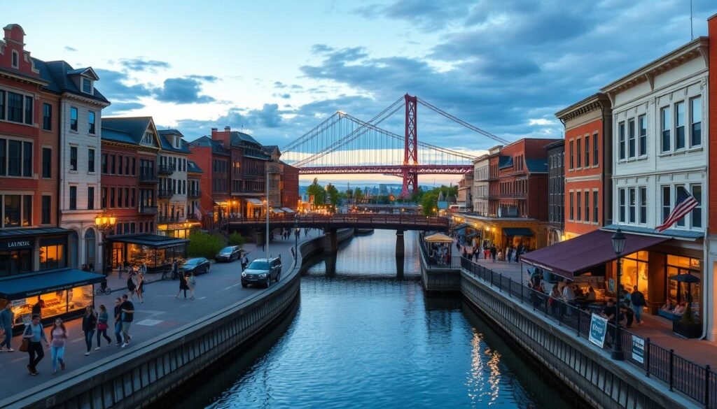 A serene canal winding through a lively waterfront district, flanked by stately historic buildings and bustling pedestrian bridges. The iconic Aerial Lift Bridge rises majestically in the distance, casting a warm glow over the scene as the sun dips below the horizon. Families and couples stroll along the Lakewalk, taking in the vibrant atmosphere and breathtaking views of Lake Superior. Warm lighting illuminates the quaint shops, restaurants, and art galleries that line the canal, creating a cozy and inviting ambiance. A wide-angle lens captures the depth and grandeur of this scenic urban oasis, while a shallow depth of field focuses the viewer's attention on the captivating details that make Canal Park a beloved destination in Duluth, Minnesota.