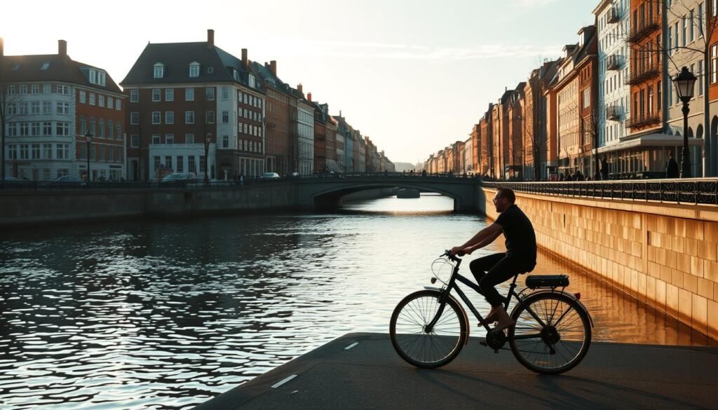 A serene canal winds through the heart of Copenhagen, a city bike gliding effortlessly alongside the tranquil waters. The scene is bathed in soft, golden light, casting a warm glow over the historic buildings and charming bridges that line the waterway. The bike's rider, silhouetted against the sky, captures the essence of leisurely exploration, inviting the viewer to discover the city's captivating sights at an unhurried pace. The image conveys a sense of harmony between the built environment and the natural elements, reflecting the city's blend of modernity and timeless beauty. The composition is balanced, with the canal and bike forming the central focus, framed by the surrounding architecture and the sky above.