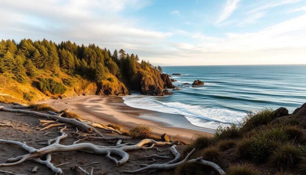 A serene coastal landscape along the rugged southern Oregon shore. In the foreground, a windswept beach dotted with driftwood and rocky outcroppings. The middle ground features lush, evergreen forests hugging the cliffs, their shadows dancing on the waves below. In the distance, the majestic Pacific Ocean stretches endlessly, its azure waters reflecting the soft, golden light of the setting sun. Wispy clouds paint the sky, creating a tranquil, contemplative atmosphere. Captured with a wide-angle lens to emphasize the grand scale and natural beauty of this remote, untamed stretch of the Oregon coastline.