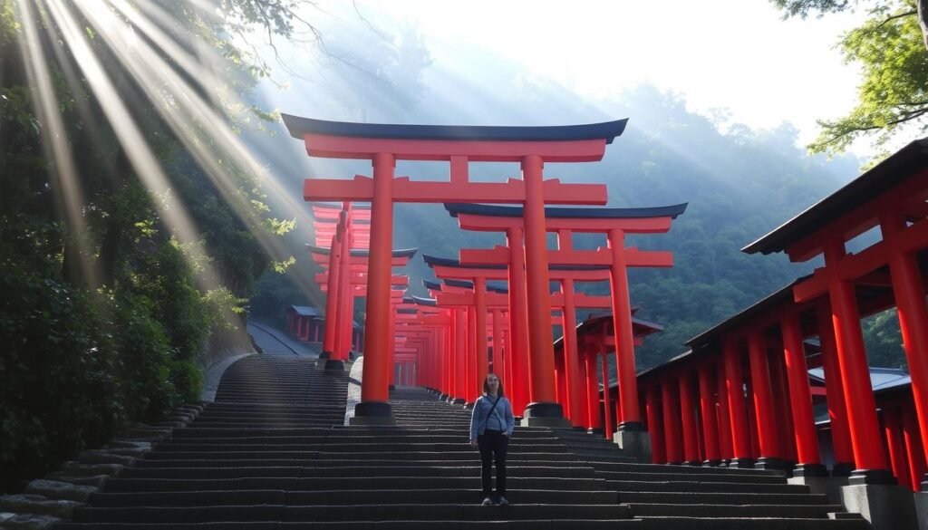 A serene early morning at the iconic Fushimi Inari Shrine in Kyoto, Japan. The famous vermilion torii gates wind up the forested mountainside, their vibrant hues contrasted against the lush greenery. Rays of soft, diffused sunlight filter through the canopy, casting a warm glow over the stone steps and centuries-old structures. In the foreground, a lone visitor pauses to take in the tranquil atmosphere, surrounded by the towering red archways that stretch as far as the eye can see. The scene evokes a sense of timelessness, inviting the viewer to embark on a spiritual journey through this revered Shinto site.
