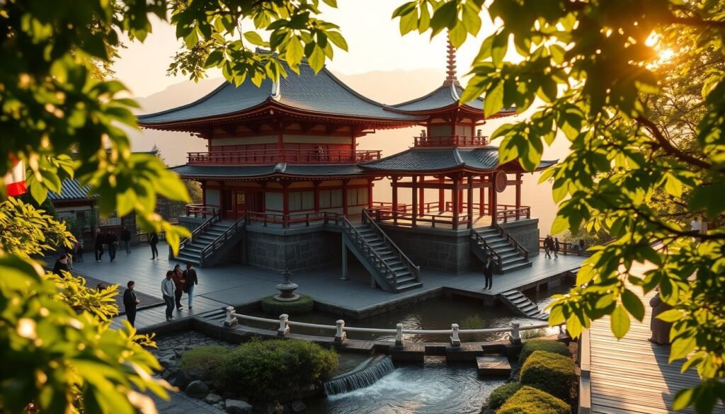 A serene early morning at the iconic Kiyomizu-dera temple in Kyoto, Japan. Lush green foliage frames the breathtaking view of the temple's wooden pagoda and veranda, overlooking the misty valley below. Warm golden sunlight filters through the trees, casting a soft glow on the temple's vermilion pillars and tiled roofs. The "Pure Water" spring flows gently, its crystal clear waters shimmering in the tranquil atmosphere. Visitors stroll along the wooden paths, immersed in the peaceful ambiance of this historic Buddhist sanctuary.