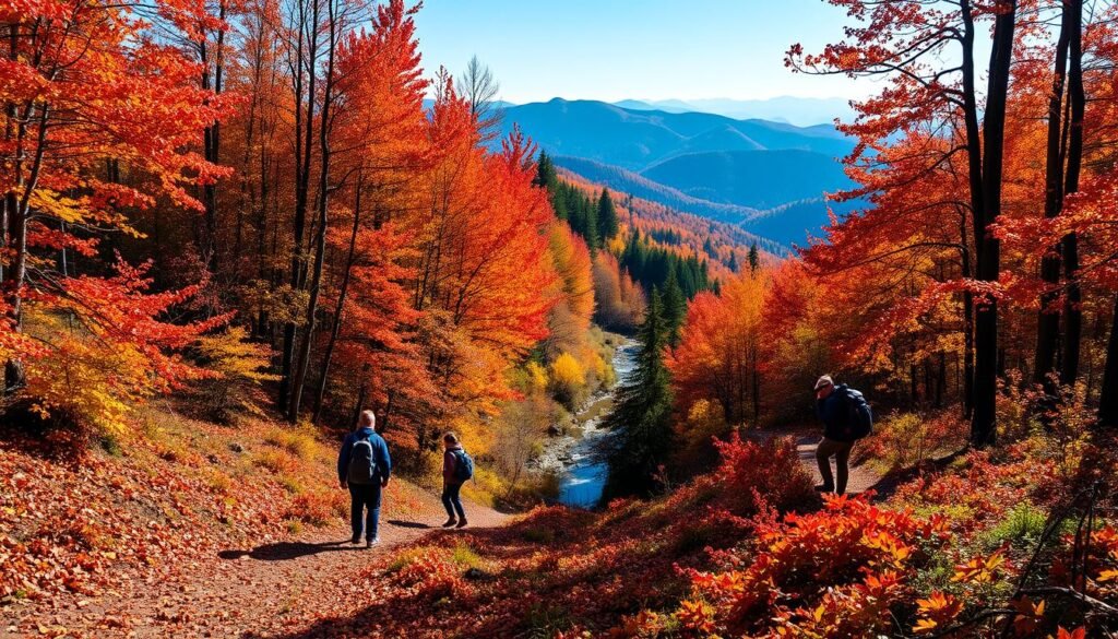 A serene forest path, carpeted with vibrant red, orange, and yellow leaves, winding through a picturesque autumnal landscape. Sunlight filters through the canopy, casting a warm, golden glow over the scene. In the foreground, a group of hikers pause to admire the breathtaking fall foliage, their backpacks and hiking gear adding a sense of adventure. In the middle ground, a tranquil stream meanders through the undergrowth, its reflection mirroring the vibrant colors of the surrounding trees. In the distance, rolling hills and mountains rise up, their peaks shrouded in a hazy blue mist, creating a sense of depth and grandeur. The overall atmosphere evokes a feeling of peace, wonder, and the beauty of the natural world in the fall season.