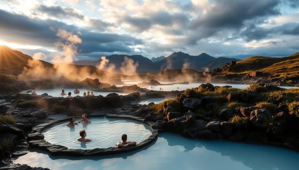 A serene, geothermal oasis nestled in the rugged landscapes of North Iceland. The tranquil Lake Myvatn Nature Baths, surrounded by volcanic formations and lush greenery, steam gently in the cool air. Guests soak in the mineral-rich, milky-blue waters, marveling at the otherworldly beauty of the setting. Dramatic lighting illuminates the scene, casting a warm, golden glow over the natural pools and rocky outcroppings. In the distance, the jagged silhouettes of mountains rise against a moody, cloud-streaked sky. A sense of peaceful isolation and connection with the raw power of Iceland's geology pervades the scene.