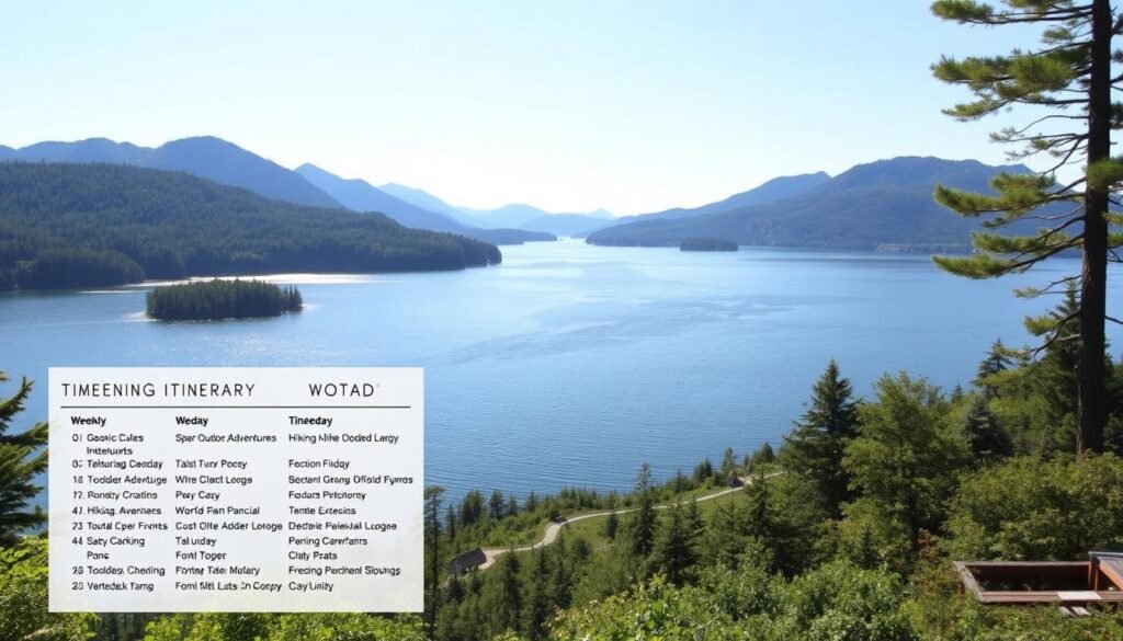 A serene lakeside landscape, Lake George glistens under soft natural lighting, its calm waters reflecting the surrounding mountains and forests. In the foreground, a detailed weekly itinerary lays out a variety of themed days - from outdoor adventures to cultural experiences - allowing visitors to maximize their time in this picturesque region. The middle ground features hiking trails winding through lush greenery, while the background showcases the majestic Adirondack peaks, creating a harmonious balance between man-made and natural elements. The overall atmosphere conveys a sense of tranquility and opportunity for exploration, inviting the viewer to immerse themselves in the wonders of Lake George.