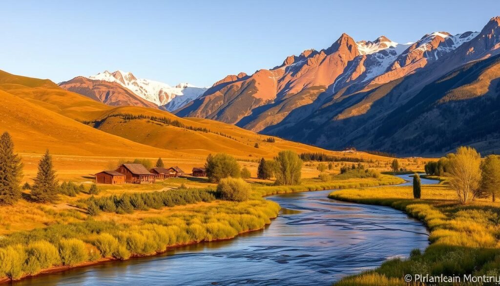 A serene landscape of Paradise Valley in Montana, nestled between the majestic Absaroka and Gallatin mountain ranges. In the foreground, the winding Yellowstone River flows peacefully, its banks lined with lush foliage and towering cottonwood trees. The middle ground features rolling hills dotted with wildflowers, with a few historic ranch buildings or cabins visible in the distance. The background is dominated by the rugged, snow-capped peaks, bathed in warm, golden sunlight that casts long shadows across the valley. The scene exudes a tranquil, outdoor adventure atmosphere, capturing the essence of this picturesque region of Montana.