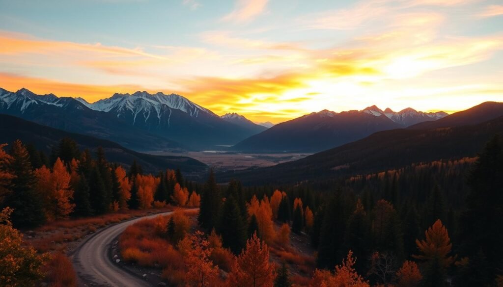 A serene landscape of a national park, bathed in the golden hues of an autumnal sunset. In the foreground, a winding trail leads through a forest of vibrant foliage, the crisp, refreshing air palpable. In the middle ground, majestic mountains rise, their peaks dusted with a light layer of snow, casting long shadows across the valley below. The sky is a stunning blend of oranges, pinks, and purples, creating a breathtaking natural spectacle. The scene is captured with a wide-angle lens, allowing the viewer to fully immerse themselves in the grandeur of the outdoors, free from the crowds and chaos of everyday life.