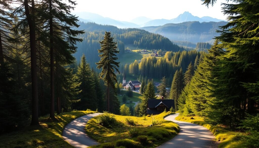 A serene landscape of the Black Forest in Germany, with lush evergreen trees blanketing the rolling hills and valleys. In the foreground, a winding path leads through a dense forest, dappled with sunlight filtering through the canopy. Towering fir trees and ancient oak groves line the trail, casting long shadows over the mossy undergrowth. In the middle ground, a quaint village nestled among the hills, its charming timber-framed houses and church steeples peeking through the verdant foliage. The background features the majestic peaks of the Black Forest mountains, their slopes cloaked in a tapestry of deep greens and autumnal hues. The scene evokes a sense of timeless tranquility, with a warm, golden light illuminating the peaceful, picturesque landscape.