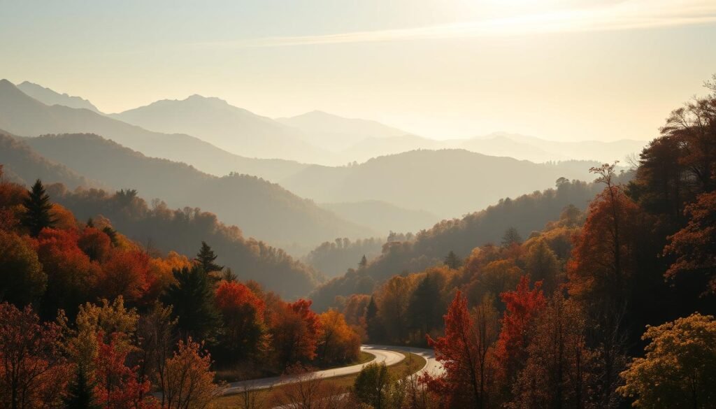 A serene landscape of the Great Smoky Mountains in autumn, with a winding road framed by vibrant foliage in the foreground. Tall, misty peaks rise in the distance, shrouded in a soft haze. The scene is bathed in warm, golden light, casting a cozy, tranquil atmosphere. Dappled sunlight filters through the canopy of trees, creating a play of shadows and highlights on the gently undulating terrain. A sense of peaceful solitude pervades the scene, inviting the viewer to immerse themselves in the beauty of this scenic mountain retreat. A serene landscape of the Great Smoky Mountains in autumn, with a winding road framed by vibrant foliage in the foreground. Tall, misty peaks rise in the distance, shrouded in a soft haze. The scene is bathed in warm, golden light, casting a cozy, tranquil atmosphere. Dappled sunlight filters through the canopy of trees, creating a play of shadows and highlights on the gently undulating terrain. A sense of peaceful solitude pervades the scene, inviting the viewer to immerse themselves in the beauty of this scenic mountain retreat.