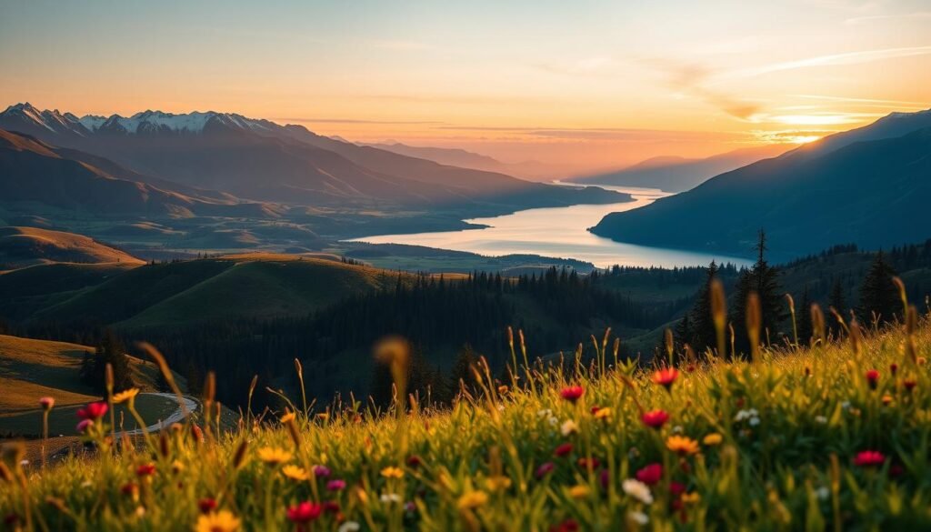 A serene landscape showcasing the world's seasonal wonders. In the foreground, lush green meadows and vibrant wildflowers bloom under the warm, golden summer sun. In the middle ground, rolling hills and snow-capped mountain peaks rise majestically, their shadows casting cool, ethereal hues across the scene. In the distance, a tranquil lake reflects the warm hues of a vibrant sunset, its still waters mirroring the changing seasons. The composition is balanced, with a sense of depth and dimension, creating an immersive and awe-inspiring vision of nature's global tapestry of experiences. A serene landscape showcasing the world's seasonal wonders. In the foreground, lush green meadows and vibrant wildflowers bloom under the warm, golden summer sun. In the middle ground, rolling hills and snow-capped mountain peaks rise majestically, their shadows casting cool, ethereal hues across the scene. In the distance, a tranquil lake reflects the warm hues of a vibrant sunset, its still waters mirroring the changing seasons. The composition is balanced, with a sense of depth and dimension, creating an immersive and awe-inspiring vision of nature's global tapestry of experiences.