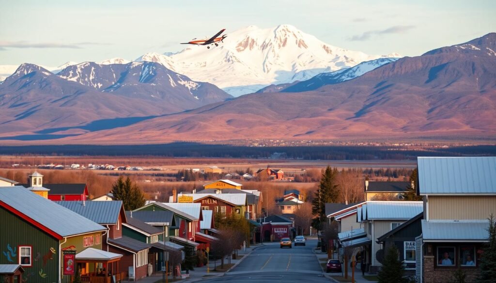 A serene landscape unfolds before the viewer, showcasing the majestic Denali National Park. In the foreground, the charming town of Talkeetna comes into focus, its quaint buildings and colorful artwork reflecting the vibrant spirit of this Alaskan haven. In the middle ground, a small aircraft takes to the skies, offering a breathtaking flightseeing tour of the park's snow-capped peaks and glacial valleys. The background is dominated by the awe-inspiring presence of Denali, the highest mountain in North America, casting its grand shadow over the entire scene. Soft, warm lighting bathes the landscape, creating a picturesque and inviting atmosphere that captures the essence of this adventure-filled region.