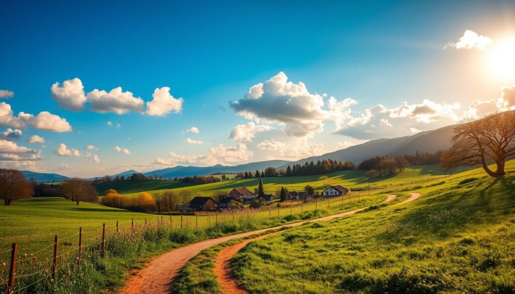 A serene landscape unfolds in the warm embrace of May's sun. A picturesque countryside scene with lush green meadows and blooming wildflowers. In the foreground, a winding dirt path leads the eye towards a quaint, charming village nestled among rolling hills. Fluffy white clouds dot the azure sky, casting gentle shadows across the tranquil countryside. The soft, golden light filters through the trees, creating a dreamlike ambiance. In the distance, the silhouettes of mountains rise, adding depth and a sense of peaceful vastness to the scene. An idyllic, picturesque vision of the perfect May travel weather, inviting the viewer to explore and appreciate the beauty of the season.