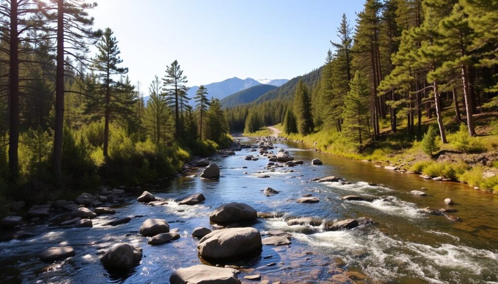 A serene landscape where the Lower Mountain Fork River winds its way through lush greenery. The crystal-clear waters flow gently over smooth rocks, casting captivating reflections. In the foreground, tall pine trees line the riverbanks, their branches swaying in a gentle breeze. The middle ground reveals a winding trail, inviting hikers to explore the scenic surroundings. In the distance, the mountains rise majestically, their peaks capped with a dusting of snow. The scene is illuminated by warm, golden sunlight, creating a peaceful and tranquil atmosphere.