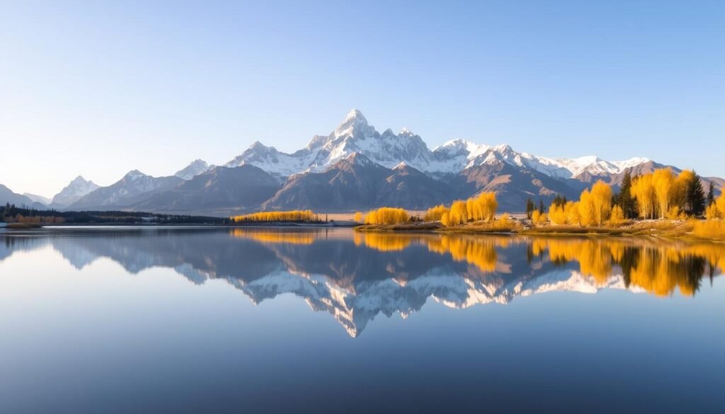 A serene, mirrored reflection of the majestic Grand Teton mountain range, its snow-capped peaks bathed in golden autumn light. In the foreground, a tranquil alpine lake captures the dramatic landscape, its glassy surface undisturbed, creating a captivating symmetry. The middle ground features vibrant stands of aspen trees, their golden leaves dancing in the gentle breeze. In the background, the rugged, jagged silhouette of the Teton peaks rises against a clear, azure sky. The scene evokes a sense of peaceful solitude, a moment of quiet contemplation amidst the grandeur of nature.