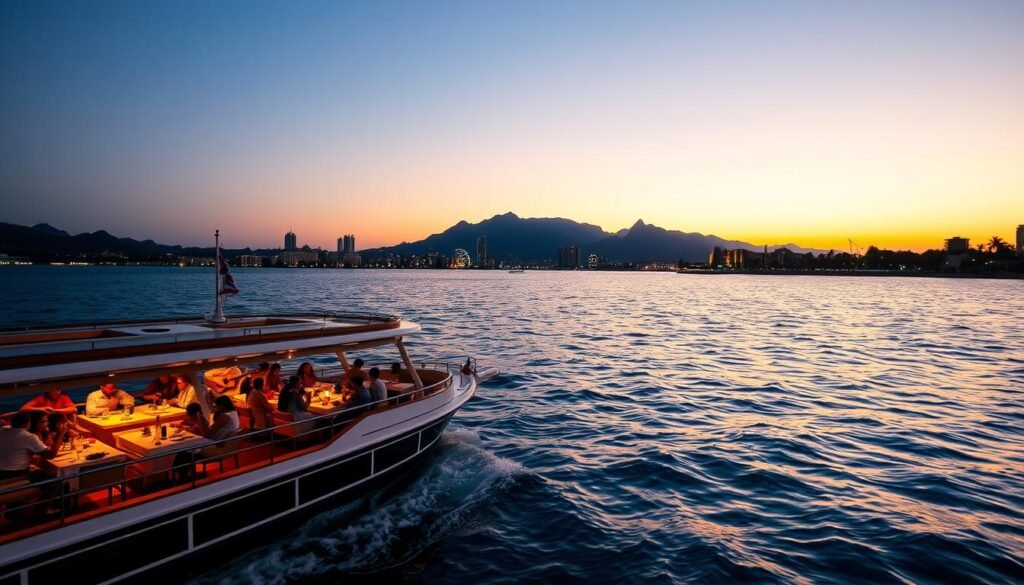 A serene night cruise along the sparkling waters of Puerto Vallarta's coastline. In the foreground, a luxurious dinner boat glides gracefully, its warm lighting casting a soft glow across the tranquil surface. Passengers dine al fresco, savoring local cuisine as a live mariachi band plays soulful melodies. The middle ground reveals the picturesque skyline, the iconic Malecon promenade and the majestic Sierra Madre mountains in the distance, bathed in the vibrant hues of a sunset. The overall scene exudes an atmosphere of relaxation, romance and the rhythmic energy of Mexican culture. A serene night cruise along the sparkling waters of Puerto Vallarta's coastline. In the foreground, a luxurious dinner boat glides gracefully, its warm lighting casting a soft glow across the tranquil surface. Passengers dine al fresco, savoring local cuisine as a live mariachi band plays soulful melodies. The middle ground reveals the picturesque skyline, the iconic Malecon promenade and the majestic Sierra Madre mountains in the distance, bathed in the vibrant hues of a sunset. The overall scene exudes an atmosphere of relaxation, romance and the rhythmic energy of Mexican culture.