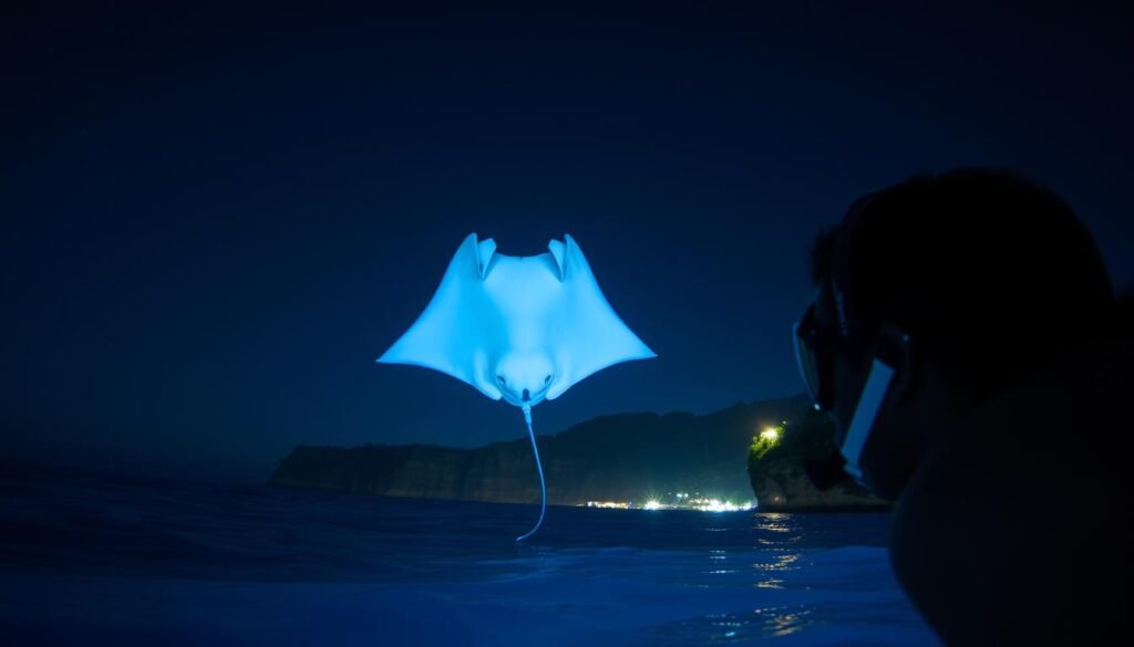 A serene night scene of a manta ray gliding gracefully through the inky blue waters, its massive winged silhouette illuminated by the soft glow of underwater lights. In the foreground, a snorkeler observes the majestic creature, their mask and snorkel breaking the surface as they become one with the tranquil ocean. The middle ground features a backdrop of dramatic sea cliffs and lush tropical foliage, while the distant horizon is dotted with the twinkling lights of a coastal town. The overall atmosphere is one of wonder, adventure, and a profound connection with the natural world.