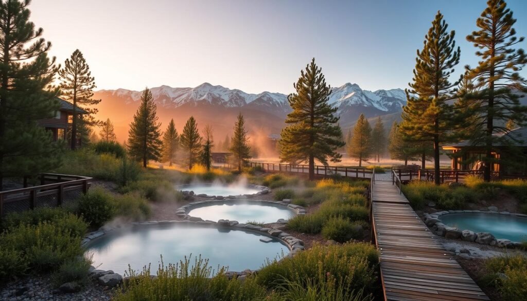 A serene outdoor scene depicting the Bozeman Hot Springs, nestled in the picturesque landscape of the Rocky Mountains. In the foreground, natural hot spring pools are surrounded by lush vegetation and towering pine trees. The pools emit a gentle steam, creating a calming, misty atmosphere. In the middle ground, wooden walkways lead visitors through the tranquil setting, inviting exploration. The background is dominated by rugged, snow-capped peaks, bathed in warm, golden light from the setting sun. The entire scene conveys a sense of tranquility, inviting visitors to relax and immerse themselves in the natural beauty of this Montana destination. A serene outdoor scene depicting the Bozeman Hot Springs, nestled in the picturesque landscape of the Rocky Mountains. In the foreground, natural hot spring pools are surrounded by lush vegetation and towering pine trees. The pools emit a gentle steam, creating a calming, misty atmosphere. In the middle ground, wooden walkways lead visitors through the tranquil setting, inviting exploration. The background is dominated by rugged, snow-capped peaks, bathed in warm, golden light from the setting sun. The entire scene conveys a sense of tranquility, inviting visitors to relax and immerse themselves in the natural beauty of this Montana destination.