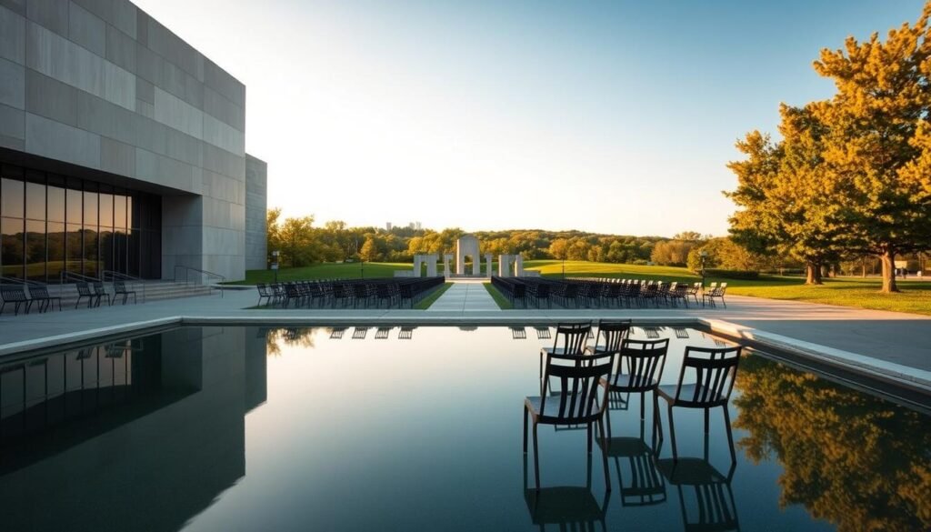 A serene outdoor scene of the Oklahoma City National Memorial & Museum, bathed in warm afternoon light. In the foreground, a serene reflecting pool mirrors the iconic symbolic architecture of the museum building, with its sleek glass and stone facade. The middle ground features a contemplative path lined with symbolic bronze chairs, each representing a life lost on that fateful day. In the background, a lush green landscape frames the solemn memorial, evoking a sense of tranquility and reverence. The image conveys a profound atmosphere of reflection and remembrance, inviting the viewer to pause and honor the tragic events that unfolded here.