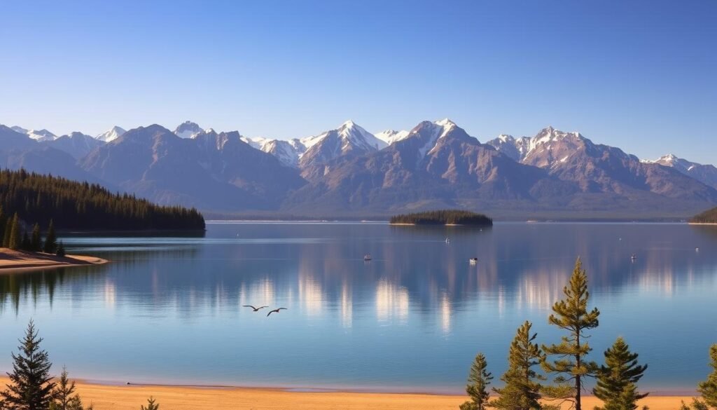 A serene panorama of Flathead Lake, surrounded by the majestic peaks of the Rockies. In the foreground, a pristine shoreline with lush evergreen trees and sandy beaches. Reflected in the still, azure waters are the silhouettes of soaring birds and the distant outline of Wild Horse Island. The sun casts a warm, golden glow, illuminating the scene with a sense of tranquility. In the middle ground, small boats and kayaks dot the lake, exploring its hidden coves and inlets. The background is dominated by rugged, snow-capped mountains, their jagged edges reaching towards the heavens. The overall atmosphere conveys the natural beauty and outdoor adventure that awaits at this picturesque Montana destination. A serene panorama of Flathead Lake, surrounded by the majestic peaks of the Rockies. In the foreground, a pristine shoreline with lush evergreen trees and sandy beaches. Reflected in the still, azure waters are the silhouettes of soaring birds and the distant outline of Wild Horse Island. The sun casts a warm, golden glow, illuminating the scene with a sense of tranquility. In the middle ground, small boats and kayaks dot the lake, exploring its hidden coves and inlets. The background is dominated by rugged, snow-capped mountains, their jagged edges reaching towards the heavens. The overall atmosphere conveys the natural beauty and outdoor adventure that awaits at this picturesque Montana destination.