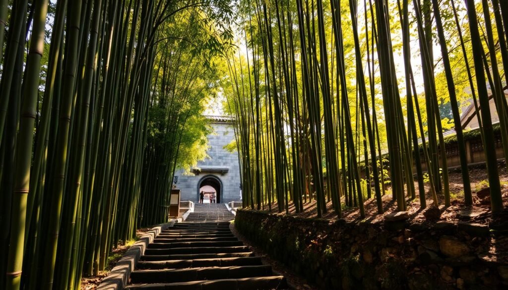 A serene pathway through a lush, verdant bamboo grove at Nanzen-ji Zen Complex in Kyoto, Japan. Towering, slender bamboo stalks sway gently in the breeze, casting dappled shadows on the well-worn stone steps below. The warm, golden light filters through the canopy, creating a peaceful, contemplative atmosphere. In the distance, glimpses of the grand stone aqueduct arches and the tranquil subtemples can be seen, inviting the viewer to explore further and discover the quiet wonders of this historic site.