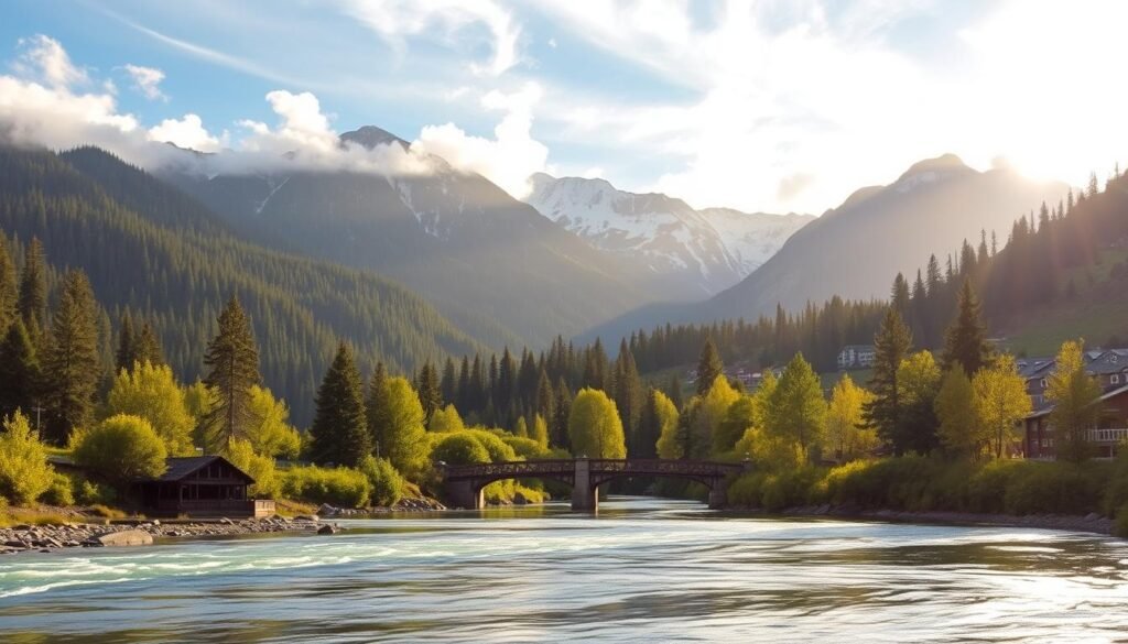 A serene, picturesque scene of the Columbia Falls river, set against a backdrop of lush, verdant forests and majestic mountains. In the foreground, the river flows gently, its crystal-clear waters reflecting the surrounding landscape. The mid-ground features a small, rustic bridge arching gracefully over the river, inviting visitors to cross and explore the charming riverside town. The background is dominated by towering, snow-capped peaks, bathed in warm, golden sunlight that filters through wispy, cloud-filled skies. The overall atmosphere is one of tranquility and natural beauty, perfectly capturing the essence of the "Columbia Falls: Gateway energy, markets, and outdoor fun" section of the article. A serene, picturesque scene of the Columbia Falls river, set against a backdrop of lush, verdant forests and majestic mountains. In the foreground, the river flows gently, its crystal-clear waters reflecting the surrounding landscape. The mid-ground features a small, rustic bridge arching gracefully over the river, inviting visitors to cross and explore the charming riverside town. The background is dominated by towering, snow-capped peaks, bathed in warm, golden sunlight that filters through wispy, cloud-filled skies. The overall atmosphere is one of tranquility and natural beauty, perfectly capturing the essence of the "Columbia Falls: Gateway energy, markets, and outdoor fun" section of the article.