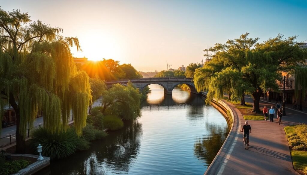A serene riverfront promenade winding along the banks of the San Antonio River, with lush greenery and flourishing cypress trees lining the walkway. The sun casts a warm, golden glow across the tranquil waters, reflecting the historic stone bridges and architecture of the surrounding area. Pedestrians and cyclists casually stroll or bike along the peaceful path, immersed in the city's rich cultural heritage and natural beauty. The scene evokes a sense of tranquility and outdoor leisure, inviting visitors to explore the picturesque San Antonio Riverwalk. A serene riverfront promenade winding along the banks of the San Antonio River, with lush greenery and flourishing cypress trees lining the walkway. The sun casts a warm, golden glow across the tranquil waters, reflecting the historic stone bridges and architecture of the surrounding area. Pedestrians and cyclists casually stroll or bike along the peaceful path, immersed in the city's rich cultural heritage and natural beauty. The scene evokes a sense of tranquility and outdoor leisure, inviting visitors to explore the picturesque San Antonio Riverwalk.