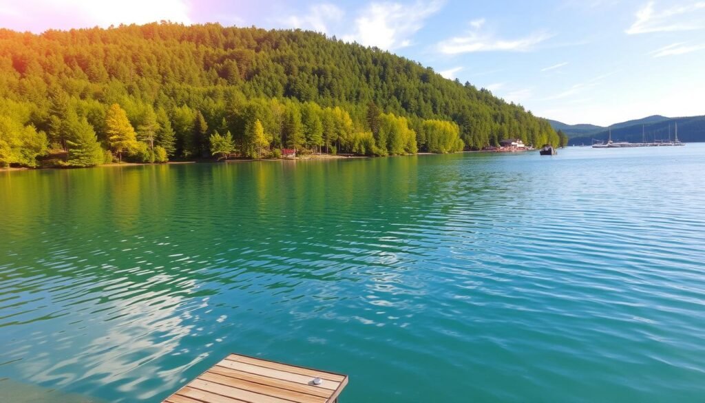 A serene, scenic landscape of Broken Bow Lake in Beavers Bend State Park, Oklahoma. The clear, turquoise waters reflect the lush, verdant forests that line the shoreline, dotted with towering pines and majestic hardwood trees. In the foreground, a small wooden dock extends into the lake, inviting visitors to embark on boating adventures or take a refreshing swim. The tranquil atmosphere is enhanced by soft, warm sunlight filtering through wispy clouds, casting a golden glow over the scene. In the distance, the Beavers Bend Marina can be seen, a hub of activity for lakeside recreation. An idyllic setting for outdoor exploration and relaxation.