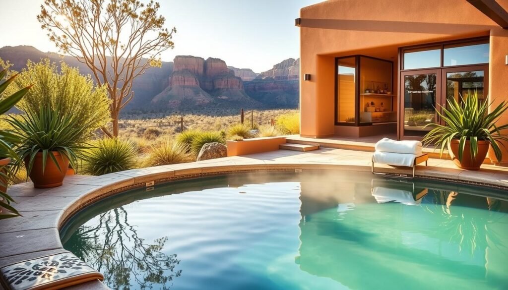 A serene spa oasis nestled in the heart of the Southwest, bathed in warm golden light. In the foreground, a tranquil natural hot spring pool, its soothing waters reflecting the surrounding adobe architecture. Lush potted plants and soft, plush towels create a welcoming atmosphere. In the middle ground, a wellness pavilion with large windows overlooking the Sangre de Cristo mountains, its interiors featuring earthy tones and natural textures. In the background, the majestic Southwestern landscape, complete with towering cliffs and a clear, azure sky. Capture the essence of relaxation, rejuvenation, and the embrace of nature in this picturesque spa retreat. A serene spa oasis nestled in the heart of the Southwest, bathed in warm golden light. In the foreground, a tranquil natural hot spring pool, its soothing waters reflecting the surrounding adobe architecture. Lush potted plants and soft, plush towels create a welcoming atmosphere. In the middle ground, a wellness pavilion with large windows overlooking the Sangre de Cristo mountains, its interiors featuring earthy tones and natural textures. In the background, the majestic Southwestern landscape, complete with towering cliffs and a clear, azure sky. Capture the essence of relaxation, rejuvenation, and the embrace of nature in this picturesque spa retreat.