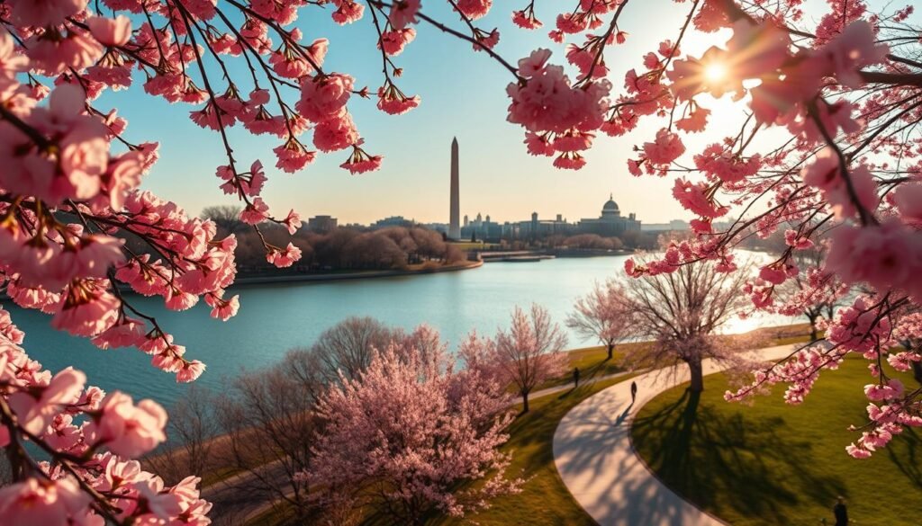 A serene spring scene of vibrant cherry blossoms lining the Tidal Basin in Washington, D.C. Delicate pink petals cascade gracefully in the soft breeze, creating a dreamlike atmosphere. The sun filters through the branches, casting a warm, golden glow over the tranquil waters. In the foreground, the iconic monuments of the nation's capital stand tall, framed by the delicate blooms. The middle ground features a winding path, inviting visitors to stroll and immerse themselves in the natural beauty. The background showcases the majestic architecture of the city, blending seamlessly with the floral display. This picturesque landscape captures the essence of springtime in the nation's capital, a breathtaking sight to behold.
