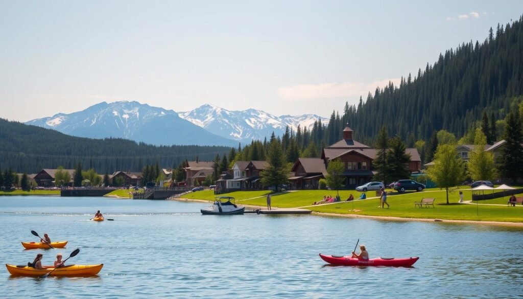 A serene summer day in the picturesque town of Whitefish, Montana. In the foreground, a pristine lake reflects the majestic peaks of the Rocky Mountains, their snow-capped summits glowing under the warm afternoon sun. Kayakers paddle lazily across the calm waters, while families relax on the lush, grassy shores. In the middle ground, a historic downtown district comes into view, its charming wooden storefronts and boutiques exuding a laid-back, alpine ambiance. The background is dominated by the lush, verdant forests that cloak the surrounding hills, their evergreen canopies swaying gently in a light breeze. This tranquil, picture-perfect scene evokes the quintessential Whitefish experience - a harmonious blend of rugged mountain adventure and serene lakeside leisure. A serene summer day in the picturesque town of Whitefish, Montana. In the foreground, a pristine lake reflects the majestic peaks of the Rocky Mountains, their snow-capped summits glowing under the warm afternoon sun. Kayakers paddle lazily across the calm waters, while families relax on the lush, grassy shores. In the middle ground, a historic downtown district comes into view, its charming wooden storefronts and boutiques exuding a laid-back, alpine ambiance. The background is dominated by the lush, verdant forests that cloak the surrounding hills, their evergreen canopies swaying gently in a light breeze. This tranquil, picture-perfect scene evokes the quintessential Whitefish experience - a harmonious blend of rugged mountain adventure and serene lakeside leisure.