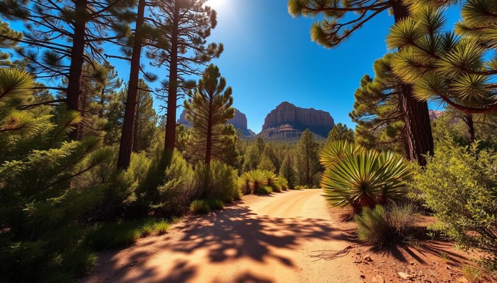 A serene, sun-dappled hiking trail winds through a lush, forested landscape in the heart of the Arizona wilderness. Towering pines and verdant ferns frame the path, their shadows casting intricate patterns on the smooth, dirt surface. In the distance, majestic red rock formations jut up into a brilliant azure sky, hinting at the breathtaking vistas to come. The scene is bathed in a warm, golden glow, creating a sense of tranquility and adventure. A wide-angle lens captures the grandeur of the scene, inviting the viewer to embark on an unforgettable outdoor exploration.