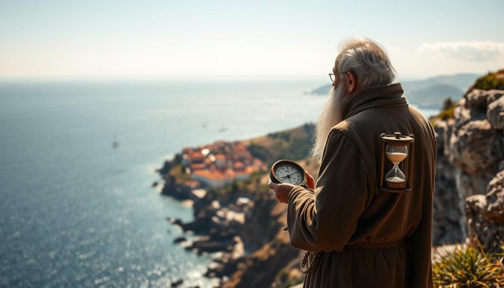 A serene, sun-dappled scene of a wise, old figure standing atop a cliff, gazing out over a panoramic view of the Portuguese coastline. In the foreground, the time guide, a sage-like character, holds a weathered compass in one hand and an hourglass in the other, symbolizing the passage of time and the art of navigation. The middle ground features a picturesque village nestled among rolling hills, its terracotta roofs and winding streets bathed in warm, golden light. In the background, the shimmering azure waters of the Atlantic Ocean stretch to the horizon, dotted with the sails of fishing boats. The overall mood is one of timeless tranquility and the contemplation of the journey ahead.