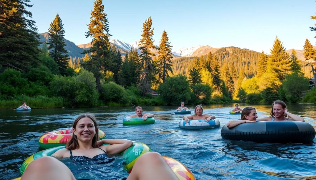 A serene, sun-dappled scene of people floating down the Deschutes River in Bend, Oregon. In the foreground, a group of friends lazily drifting on colorful inner tubes, their faces relaxed and content. The middle ground showcases the lush, verdant banks of the river, dotted with tall pine trees and lush foliage. In the background, the majestic Cascade Mountains rise up, their snow-capped peaks glowing under the warm, golden light. The atmosphere is one of pure summer bliss, with a gentle breeze ruffling the water's surface. The camera angle is low, capturing the tranquility and beauty of this quintessential Bend activity.