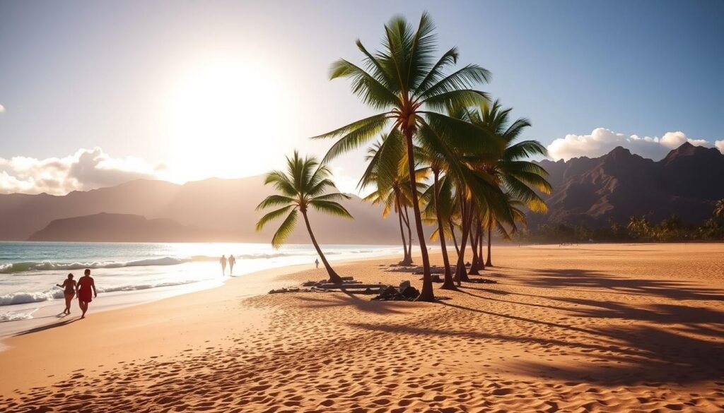 A serene, sun-drenched beach in Kona, Hawaii, with fine, golden sand stretching out to meet the gently lapping turquoise waves of the Pacific Ocean. In the foreground, a few beachgoers stroll along the shoreline, their silhouettes casting long shadows as the sun dips low on the horizon. In the middle ground, lush, verdant palm trees sway softly in the warm island breeze, their fronds creating a natural canopy over the scene. The background is dominated by the majestic, volcanic mountains that rise up from the coastline, their jagged peaks bathed in a warm, golden glow. The overall mood is one of tranquility and relaxation, inviting the viewer to imagine themselves immersed in this idyllic, tropical paradise.
