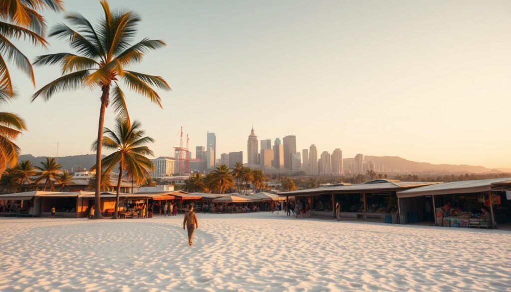 A serene, sun-drenched beach with swaying palm trees in the foreground, set against a vibrant, culturally rich city skyline in the background. Warm, golden hour lighting casts a soft, dreamy glow over the scene. A lone traveler strolls along the white sand, taking in the breathtaking panorama. In the middle ground, a bustling marketplace with colorful local vendors, exotic spices, and intricate handicrafts. Blend of modern and traditional architecture, creating a sense of timeless, global allure. Atmospheric, cinematic composition that evokes a feeling of wanderlust and the promise of discovering new horizons. A serene, sun-drenched beach with swaying palm trees in the foreground, set against a vibrant, culturally rich city skyline in the background. Warm, golden hour lighting casts a soft, dreamy glow over the scene. A lone traveler strolls along the white sand, taking in the breathtaking panorama. In the middle ground, a bustling marketplace with colorful local vendors, exotic spices, and intricate handicrafts. Blend of modern and traditional architecture, creating a sense of timeless, global allure. Atmospheric, cinematic composition that evokes a feeling of wanderlust and the promise of discovering new horizons.