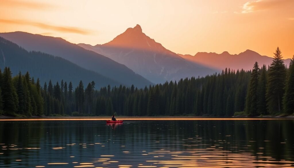 A serene sunset at Sparks Lake, Oregon, with the majestic South Sister and Broken Top mountains as the dramatic backdrop. In the foreground, a tranquil lake surface reflects the warm hues of the sky, inviting visitors to paddle their kayaks or canoes. The middle ground features lush, verdant pine forests lining the lake's shores, creating a picturesque and peaceful setting. Soft, golden light filters through the scene, illuminating the scene with a warm, ethereal glow. The overall atmosphere is one of natural beauty, serenity, and the perfect opportunity to soak in the stunning landscape.