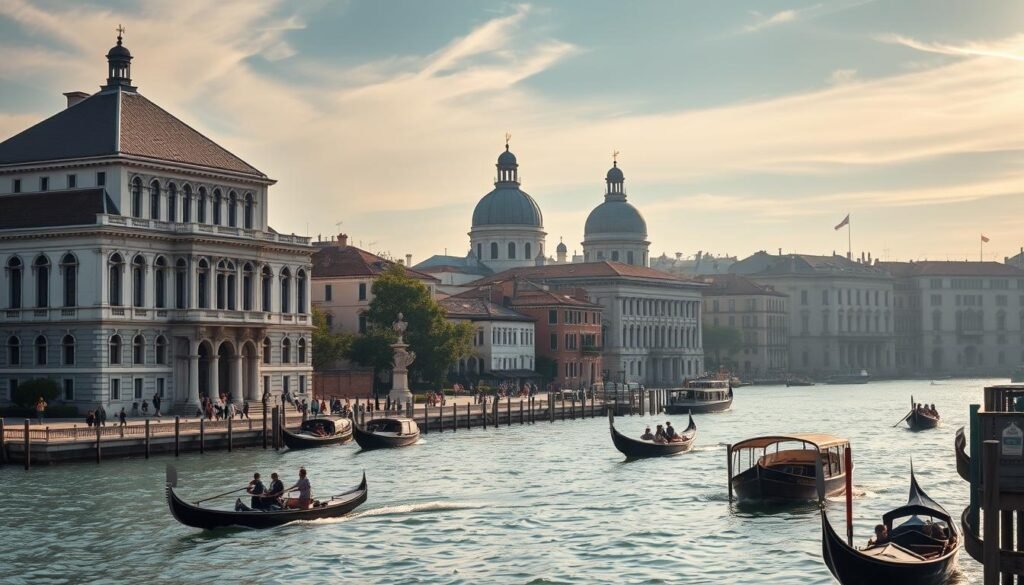 A serene view of the iconic Peggy Guggenheim Collection along the picturesque Grand Canal in Venice. In the foreground, the grand 18th-century palazzo with its distinctive architectural features stands majestically, its facade mirrored in the tranquil waters. Gondolas and other boats gently drift by, adding to the romantic ambiance. In the middle ground, the lush greenery of the palazzo's gardens complements the muted colors of the historic buildings lining the canal. The background is dominated by the iconic domes and spires of Venice, bathed in the warm glow of the afternoon sun filtering through wispy clouds. The scene exudes a timeless elegance and invites the viewer to immerse themselves in the enchanting intersection of art and the city's waterways.