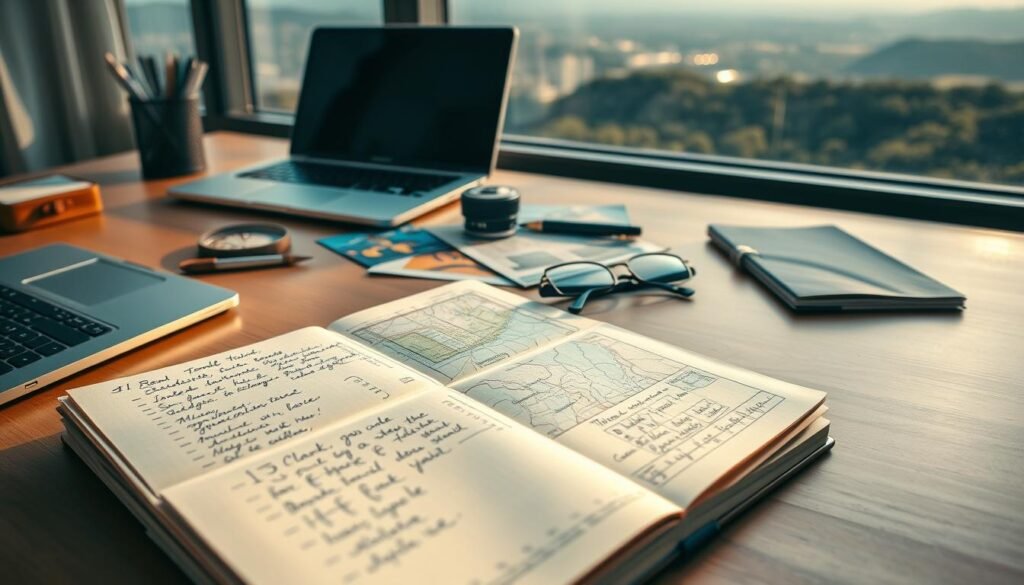 A serene, well-organized workspace with a wooden desk, a laptop, a pen holder, and a pair of reading glasses. In the foreground, a travel journal lies open, showcasing scribbled notes and a map. The middle ground features a collection of travel-related items, including a compass, a vintage camera, and a stack of colorful brochures. The background depicts a panoramic landscape, perhaps a scenic vista from a previous trip, framed by a large window. Soft, natural lighting illuminates the scene, creating a warm and inviting atmosphere. The overall composition conveys a sense of planning, research, and anticipation for future adventures.