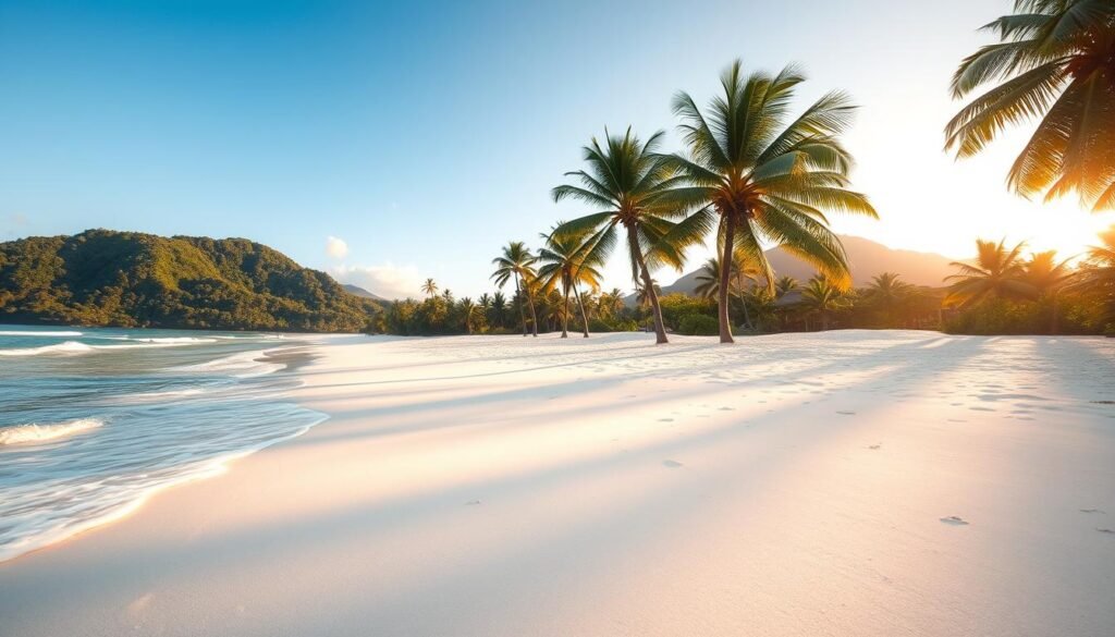 A serene white-sand beach with gentle waves lapping at the shore. In the foreground, fine grains of sand stretch out, inviting visitors to sink their toes in. The middle ground features a few scattered palm trees swaying in a soft ocean breeze, casting dappled shadows on the ground. In the background, a lush, verdant jungle rises up, creating a picturesque tropical backdrop. The scene is bathed in warm, golden sunlight, casting a dreamy, postcard-worthy atmosphere. Captured with a wide-angle lens to showcase the expansive, idyllic landscape.