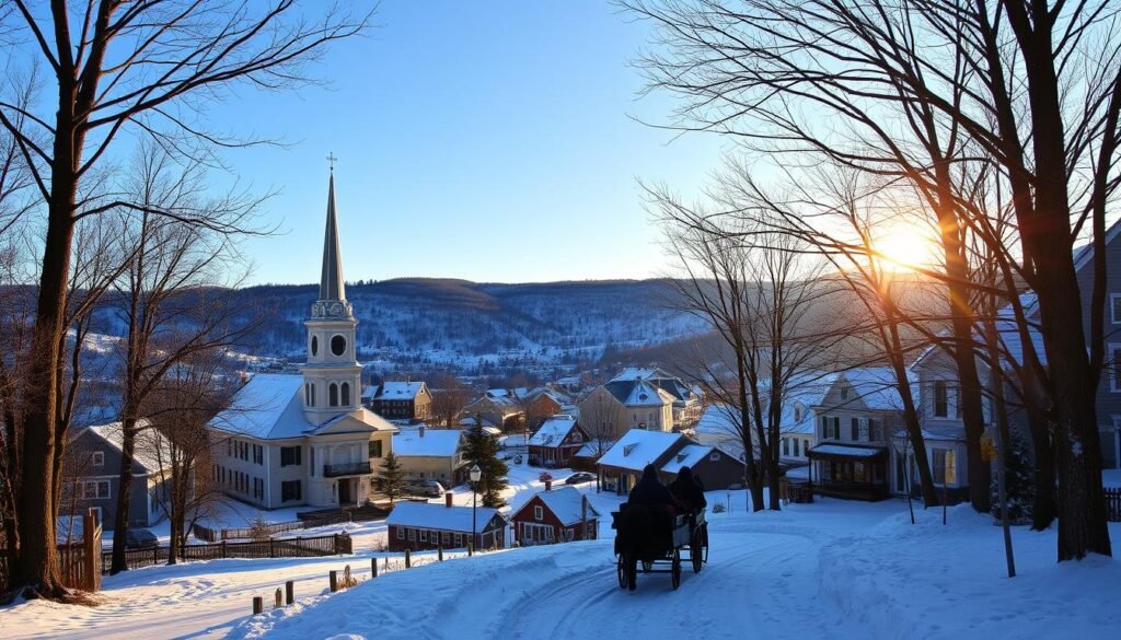 A snow-covered New England town nestled in a picturesque valley, with a historic church steeple and quaint colonial-style buildings lining the streets. Tall, bare-branched trees frame the scene, their silhouettes casting long shadows across the pristine white landscape. In the foreground, a horse-drawn sleigh glides along a winding path, its occupants bundled in warm winter attire. The sky is a crisp, clear blue, illuminated by the warm glow of a setting sun that casts a golden hue over the entire winter wonderland. The atmosphere is one of timeless charm and serene tranquility, capturing the essence of a classic New England holiday destination.